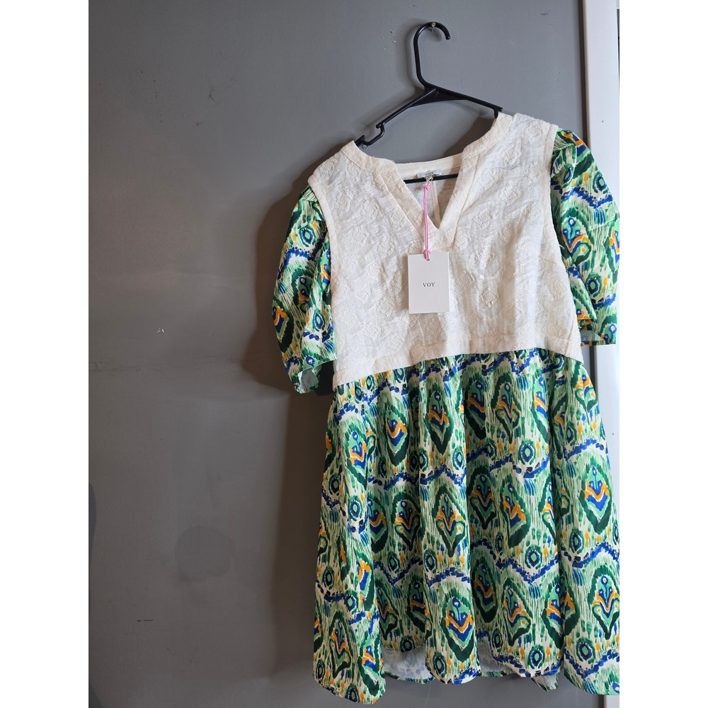 Voy Womens Small NWT Babydoll Dress Green Blue Ikat Print Lace Bodice V-Neck
